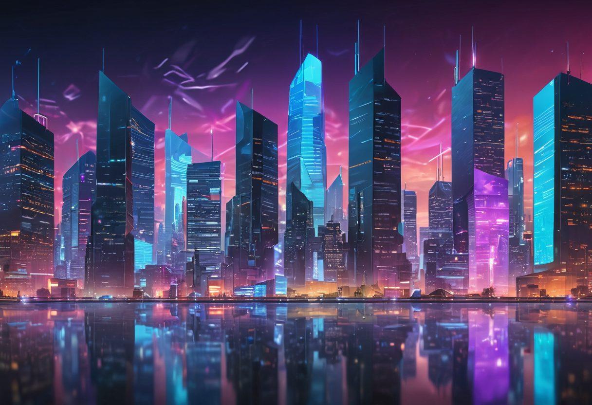 A futuristic cityscape with various digital hosting servers represented as sleek, glowing buildings. The skyline illuminated with vibrant colors, symbolizing affordable and premium solutions. Abstract visuals of secure locks and digital shields floating in the air, highlighting security. A diverse group of people interacting with holographic devices, showcasing the accessibility for all. cyberpunk. vibrant colors. 3D.