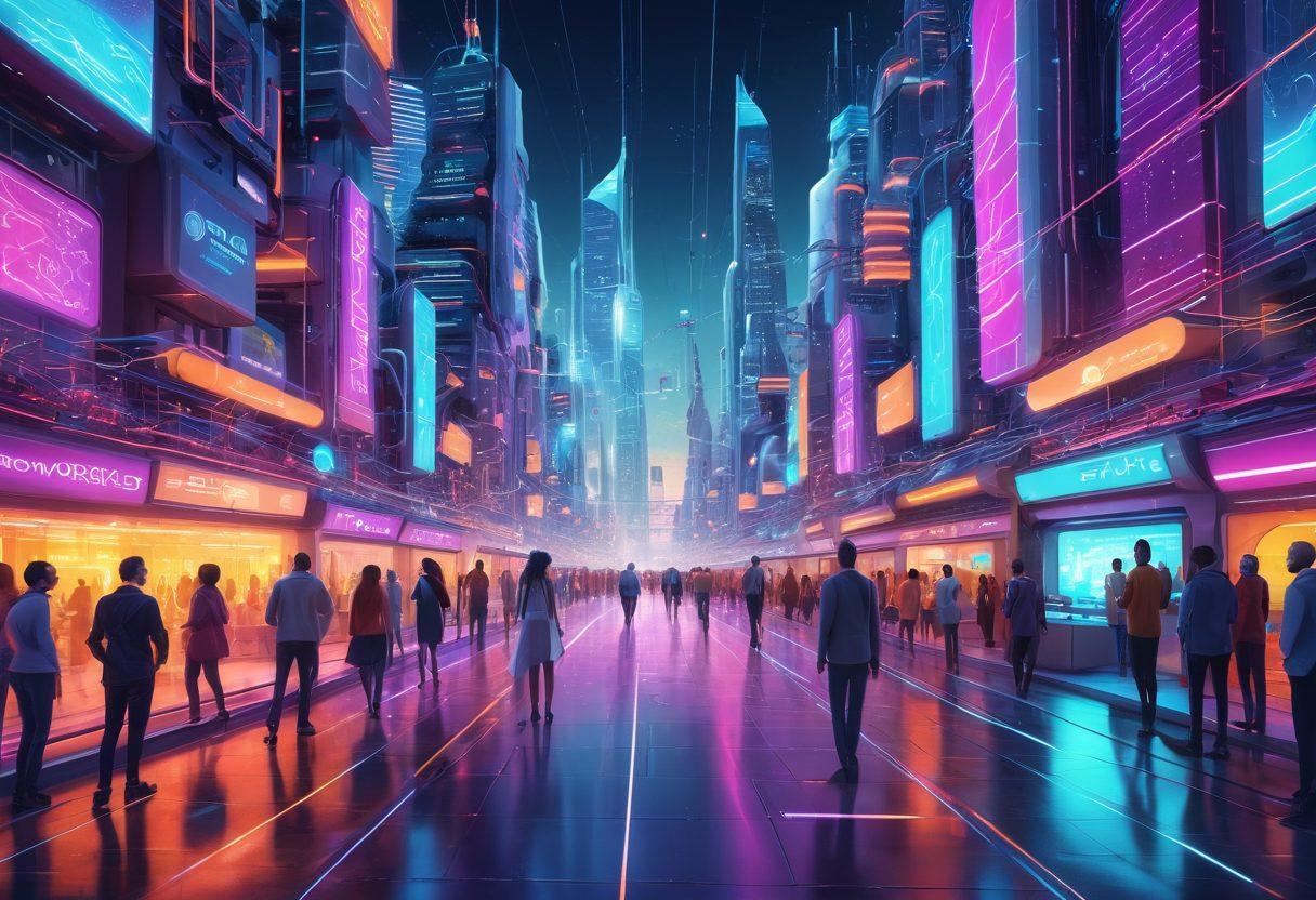 A vibrant digital landscape showcasing a futuristic city with glowing cybernetic connections, featuring cheerful people interacting with technology. Illustrate elements of joy such as smiles and laughter, alongside servers and data streams symbolizing superior hosting solutions. Use a palette of bright colors and dynamic shapes to evoke energy and happiness. super-realistic. vibrant colors. 3D.