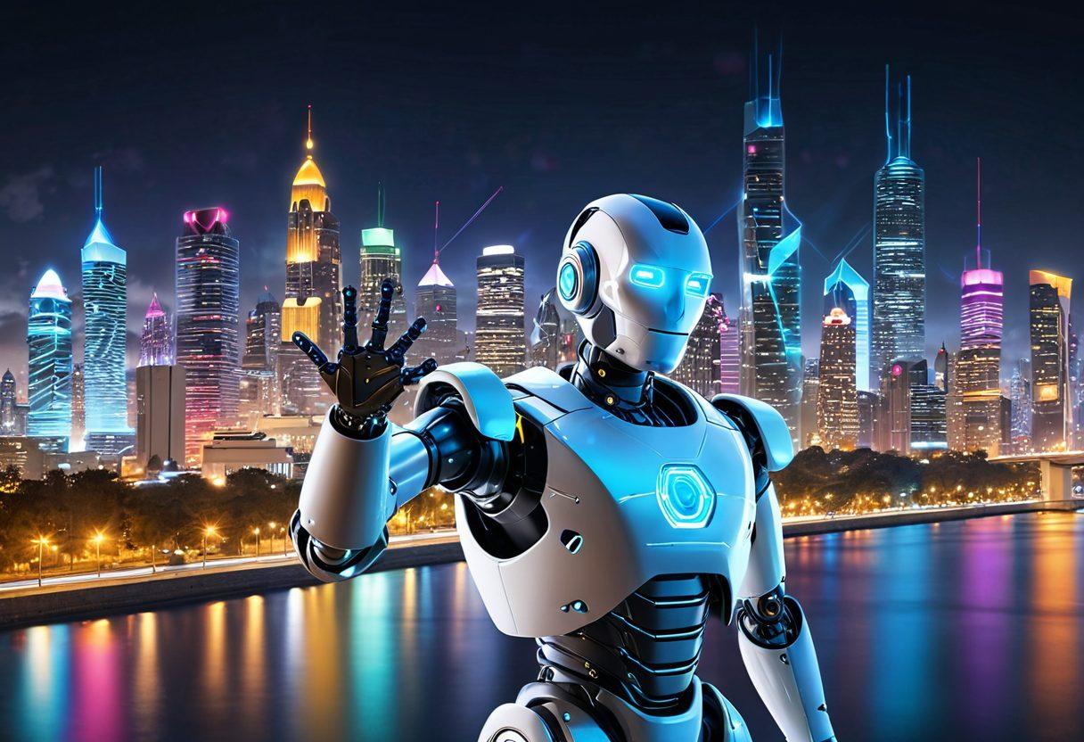 A futuristic scene showcasing a friendly robot offering high-tech hosting solutions amidst a vibrant digital landscape, with glowing data streams and joyful users interacting seamlessly. The robot should emit a warm, inviting glow while displaying a bright, transparent interface. The background features a luminous city skyline symbolizing connectivity and innovation. super-realistic. vibrant colors. 3D.